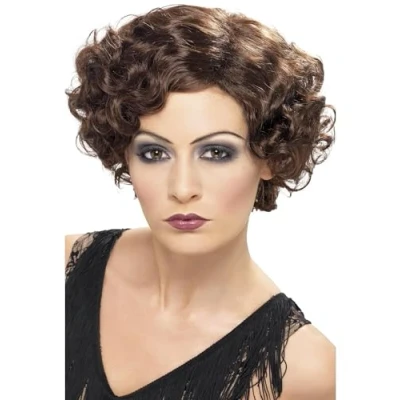 Image of Smiffys 20s Flirty Flapper Wig, Brown Short and Wavy, 1920&#039;s Razzle Fancy Dress, 1920s Dress Up Wigs