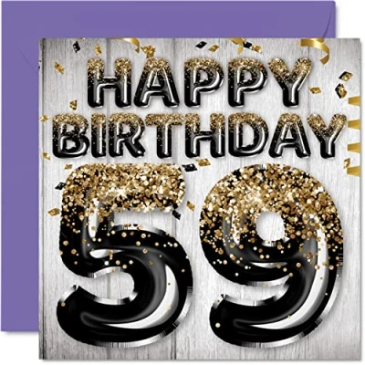 Image of 59th Birthday Card for Men Black &amp; Gold Glitter Balloons Happy Cards 59 Year Old Man Dad Grandad Grandpa Gran Uncle, 145mm x Fifty Nine Ninth Bday Greeting Gift