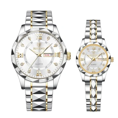 Image of JewelryWe Pair of Watches Luminous Partner Watches: 2pcs 30m Waterproof Calendar Analog Quartz Couples Wrist Watch Gold/Silver Stainless Steel Bracelet Friendship Clock with Roman Numerals