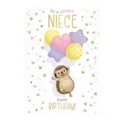 Image of Words &#039;n&#039; Wishes Lovely Niece Large Birthday Card for Girls Hedgehog with Bunch of Balloons Embossed Foil Details Eco Friendly