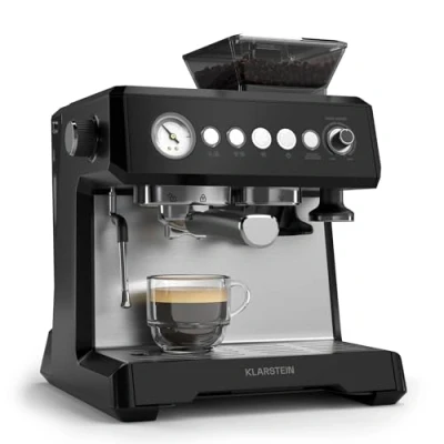 Image of Klarstein GrandPresso Espresso Machine 20 Bar, 1350W, Integrated Grinder, Milk Frother, 2.3L Water Tank, Thermoblock Heating, Black, for Home