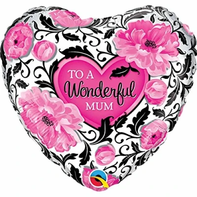 Image of Qualatex 41830 18&quot; Heart Wonderful Mum Floral Damask Foil Balloon 01ct