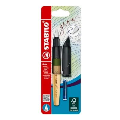 Image of STABILO Climate Neutral Fountain Pen Grow Pack of 1 Moss Green/Oak Wood including Blue Ink Cartridge