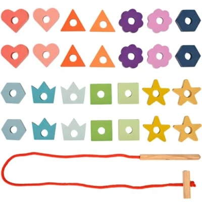Image of TickiT 73564 Rainbow Wooden Lacing Shapes Threading toy Early years educational toys Stacking toy, Medium, Red, Orange, Yellow, Green, Blue, Indigo, Violet