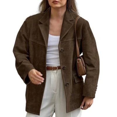 Image of Nbzsmlkn Women&#039;s Vintage Faux Suede Oversized Blazer,Suede Jacket Outerwear Brown Leather Jacket,Womens Jackets (Brown,M)