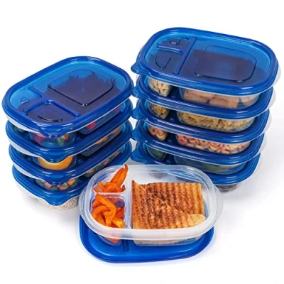 Image of FRESHLY CONTAINED 10 Pack x 3 Compartment Plastic Food Containers 780ml / 26oz BPA Free Reusable Storage Bento Lunch Boxes with Lids Microwave/Freezer/Dishwasher Safe Stackable for Meal Prep