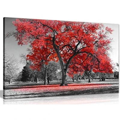 Image of Large Tree Red Leaves Black White Nature Canvas Wall Art Picture Print (36x24in)