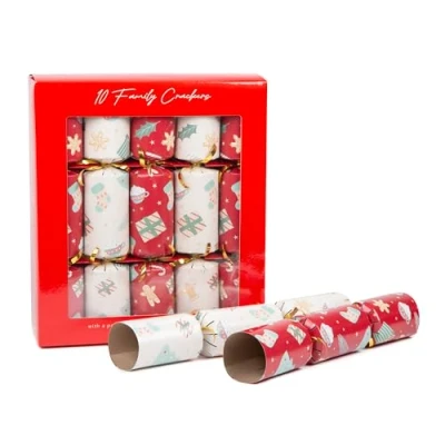 Image of Quickdraw 10 x Christmas Crackers 12&quot; Traditional Festive with Party Hats Jokes and Gifts Luxury Designs (Traditional Red &amp; White)