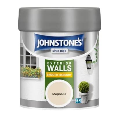 Image of Johnstone’s Exterior Smooth Masonry Paint Tester Pot Magnolia Up to 15 Years Protection Weather &amp; Dirt Resistant 12m2 Coverage Per Litre Dry in 1 2 Hours 225 ml