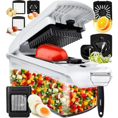 Image of Vegetable Chopper Cutter Veggie Onion Salad Food Manual Potato Chipper Veg and Dicer Kitchen Tools &amp; Gadgets (9 in 1 White)