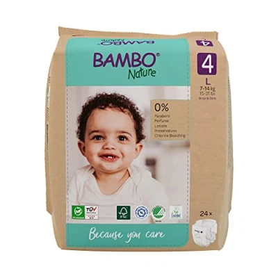 Image of Bambo Nature Premium Eco Nappies, Labelled Sustainable Enhanced Leakage Protection, Secure &amp; Comfortable Baby Size 4 Nappies (15 31lb/7 14 kg), Maxi, 24PK