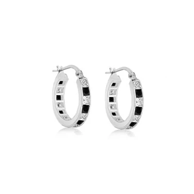 Image of Tuscany Silver Women&#039;s Sterling 3 mm Black and White Cubic Zirconia Channel Set 22 Creole Earrings