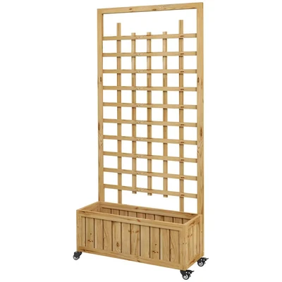 Image of Outsunny Wooden Trellis Planter Raised Garden Bed with Wheels &amp; Liner