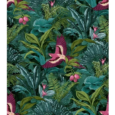 Image of YöL Tropical Rainforest Wallpaper Botanical Floral Birds Jungle Teal Green