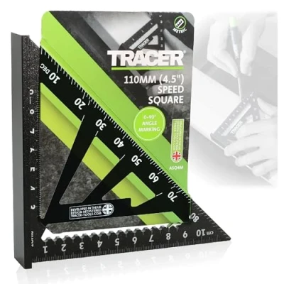 Image of TRACER Speed Square 110mm (4.5 Inch). Rafters with Metric and Hip &amp; Valley Scales. Roofing Carpentry Marking Tool