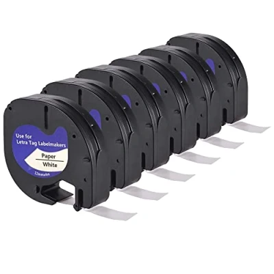Image of LEYF Pack of 6 Label Tape, Compatible with Dymo 91200, 12 mm x 4 Tape for LetraTag LT 100H, 100H Plus, 100T, 100T 2000, QX50, XM, XR, Waterproof, Black on White
