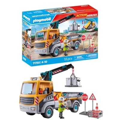 Image of Playmobil Action Heroes Construction Lorry with Crane Toy for Kids Playset Toys Children Aged 4+ 71750