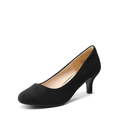 Image of DREAM PAIRS Womens Slip On Low Kitten Heels Round Toe Pump Court Shoes Luvly Black Nubuck Size 9 US/ 7 UK