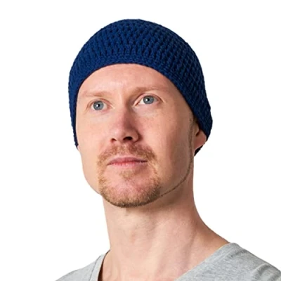Image of CHARM Cotton Skull Cap for Men Crochet Kufi Hat Mens Beanie Prayer Knit Soft Sensitive Skin Chemo Navy L