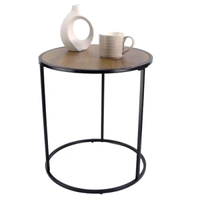 Image of Dylex Round Side Table Sofa End Rustic Oak Finish Top Black Metal Frame Contemporary Style Furniture for Living Room