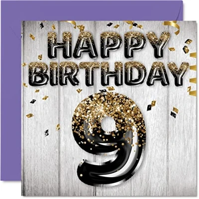 Image of 9th Birthday Card for Boys Black &amp; Gold Glitter Balloons Happy Cards 9 Year Old Boy Son Brother Grandson Cousin, 145mm x Nine Ninth Bday Greeting Gift