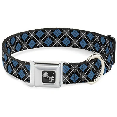 Image of Buckle Down Seatbelt Dog Collar Argyle Black/Gray/Turquoise 1.5&quot; Wide Fits 18 32&quot; Neck Large