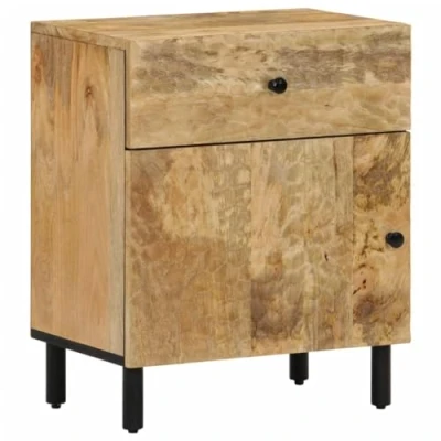 Image of vidaXL Solid Mango Wood Nightstand with Iron Legs Elegant Black Bedside Cabinet 3 Drawers, Hand Carved Floral Patterns for Bedroom