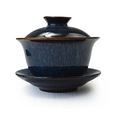 Image of Porcelain Gaiwan 6oz Teacup Color Glazed Cups Tureen Chinese Sancai Cover Bowl Lip Saucer Set (Blue)