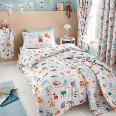 Image of Happy Linen Company Girls Boys Kids Animal Alphabet ABC White Multicolour Toddler Cot Bed Reversible Duvet Cover Quilt Bedding Set with Pillow Case