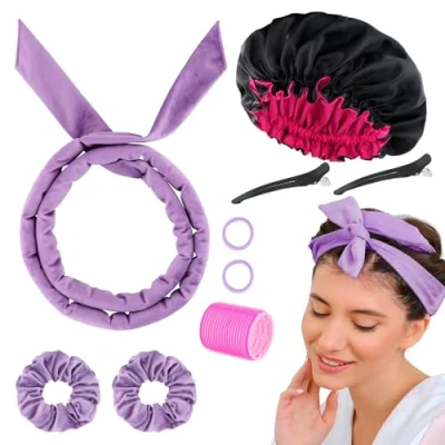 Image of 9 PCS Heatless Curlers Headband Set, Velour Curls, Soft and Comfortable Hair Curlers, No Heat for Short &amp; Long (Purple, 9Pcs)