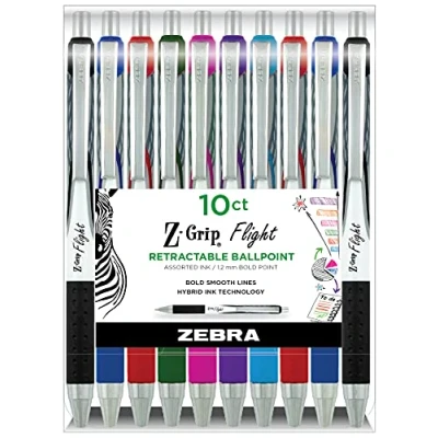 Image of Zebra Pen Z Grip Flight Retractable Ballpoint Pen, Bold Point, 1.2mm, Assorted Color Ink, 10 Pack (21901)