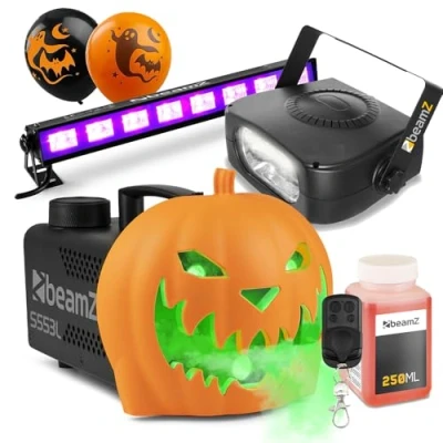 Image of beamz Ultimate Halloween Lighting Package with Pumpkin Fogger, UV Bar &amp; Strobe, House Decorations Perfect Props for Parties, Decor More!