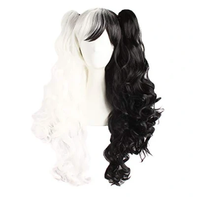 Image of MapofBeauty Multi color Lolita Long Curly Clip on Ponytails Cosplay Wig (White/Black)