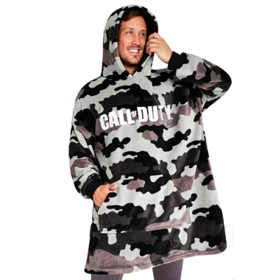 Image of Call of Duty Blanket Hoodie for Men and Teenagers Cosy Oversized Fleece One Size Sherpa Hood Gamer Gifts Him Grey Camo