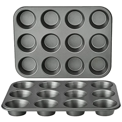 Image of Amazon Basics Nonstick Round Carbon Steel Muffin Pan, 2 Pack, Grey