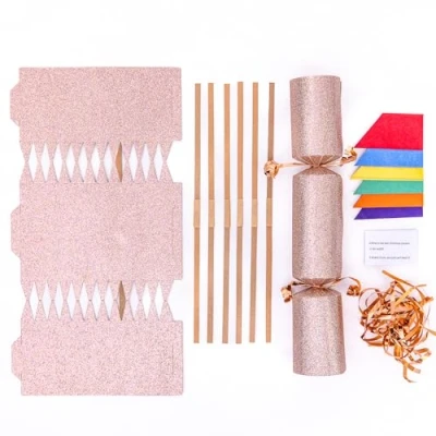 Image of evelay Make Your Own Christmas Cracker Kit Pink Glitter Crackers Hats Snaps Jokes Party Favours 6 Pieces (Pink Glitter)