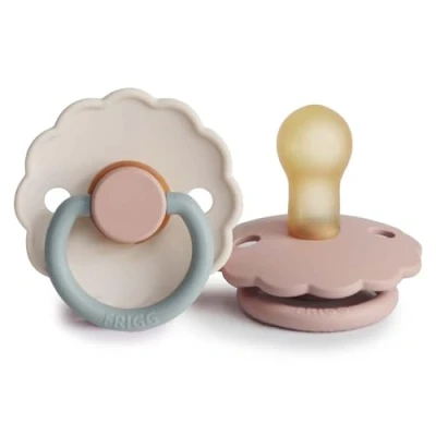 Image of FRIGG Daisy Latex Pacifier Pack of 2 Natural Rubber Soother Dummy BPA Free Made in Denmark Symmetrical Cherry Shaped Nipple (Blush/Cotton Candy, Size 1 (0 6 Months))