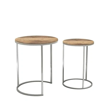Image of URBNLIVING 2 Pcs Round Nesting Stacking Sofa Side Bedside End Tables Set Dark Walnut Wooden Top with Chrome Legs Modern Space Saving Accent Coffee Tea for Living Room Bedroom Office
