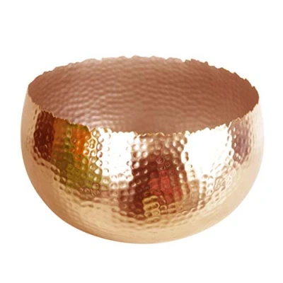 Image of LEAF 7309 Large Metal Bowl Planter 32 x 20cm Hammered Copper Colour Curvy Edge, 32cm