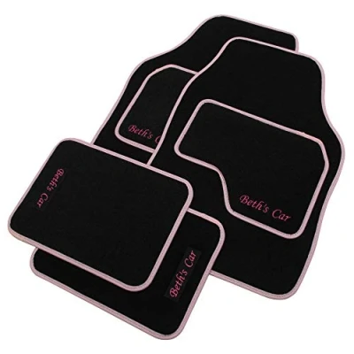 Image of JVL Personalised Universal Black Carpet Car Mat Set with Pink Embroidered Mats