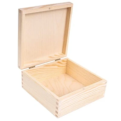 Image of Creative Deco Small Wooden Storage Box 16.2 x 7.2 cm Unpainted Plain Square with Lid Trinket Easter Gift Office or Bedroom Jewellery