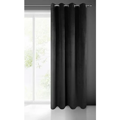 Image of Eurofirany Soft Plain Opaque Velvet Curtain with Eyelets 1 Unit, Fluffy Panel Drape Classic Glamour Elegant Living Room, Bedroom, 215 g/m2, Fabric Metal, Black, W55 x L98