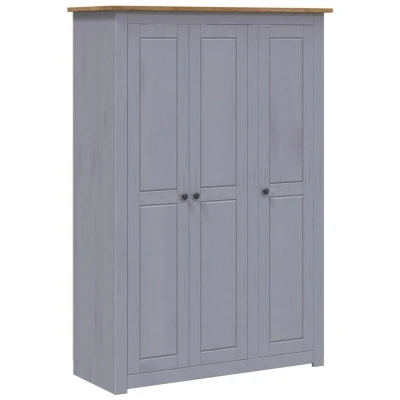 Image of vidaXL 3 Door Wardrobe Pine Panama Range with Fixed Shelves and Large Compartments, Solid Wood Bedroom Closet Grey Natural Color