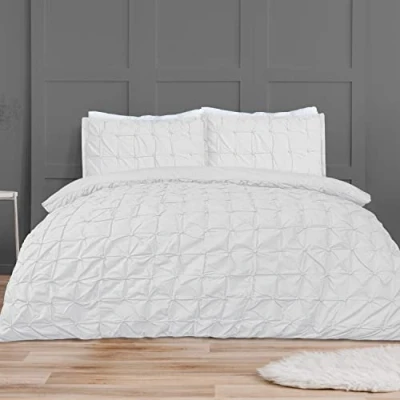 Image of Sleepdown Duvet Cover Set White Rouched Pleats Geometric Pintuck Ruched Quilt Easy Care Bed Linen Soft Cosy Bedding Sets with Pillowcases King (220 cm x 230 cm)