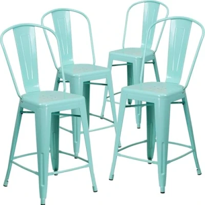 Image of FWStyle Blake Commercial Grade 4 Pack 24&quot; High Mint Green Metal Indoor Outdoor Counter Height Stool with Back