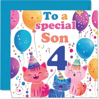 Image of 4th Son Birthday Card Cute Cats Special Happy for from Mum Dad, 145mm x Age 4 Four Greeting Cards