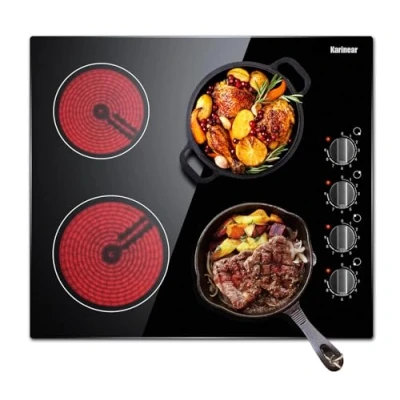 Image of Karinear Ceramic Hob, Built in 4 Burners Electric Hob 60cm Cooker with Electronic Knob Controls, Residual Heat Indicator, 6000W, Hard Wired, No Plug Included