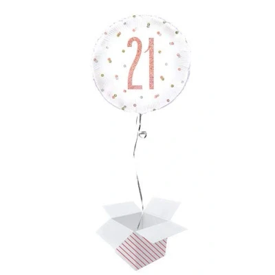 Image of Rose Gold Glitz Age Holographic Round Foil Helium Balloon Inflated in a Box (Age 21, Birthday)