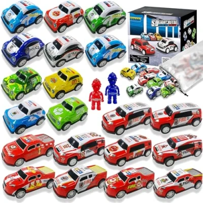 Image of TOYABI Pull Back Metal Diecast Cars, 20Pcs 1:64 Die Cast Cars for Kids, with firemen and police, Including Police Car,Rescue Car,Fire Truck,Sanitation Truck,Military Vehicle, Etc
