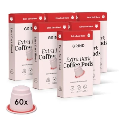 Image of Grind Extra Dark Blend Coffee Pods Pack of 60 Capsules Nespresso® Original Machine Compatible Home Compostable Tasting Notes Raw Cacao, Brown Sugar, Chocolate